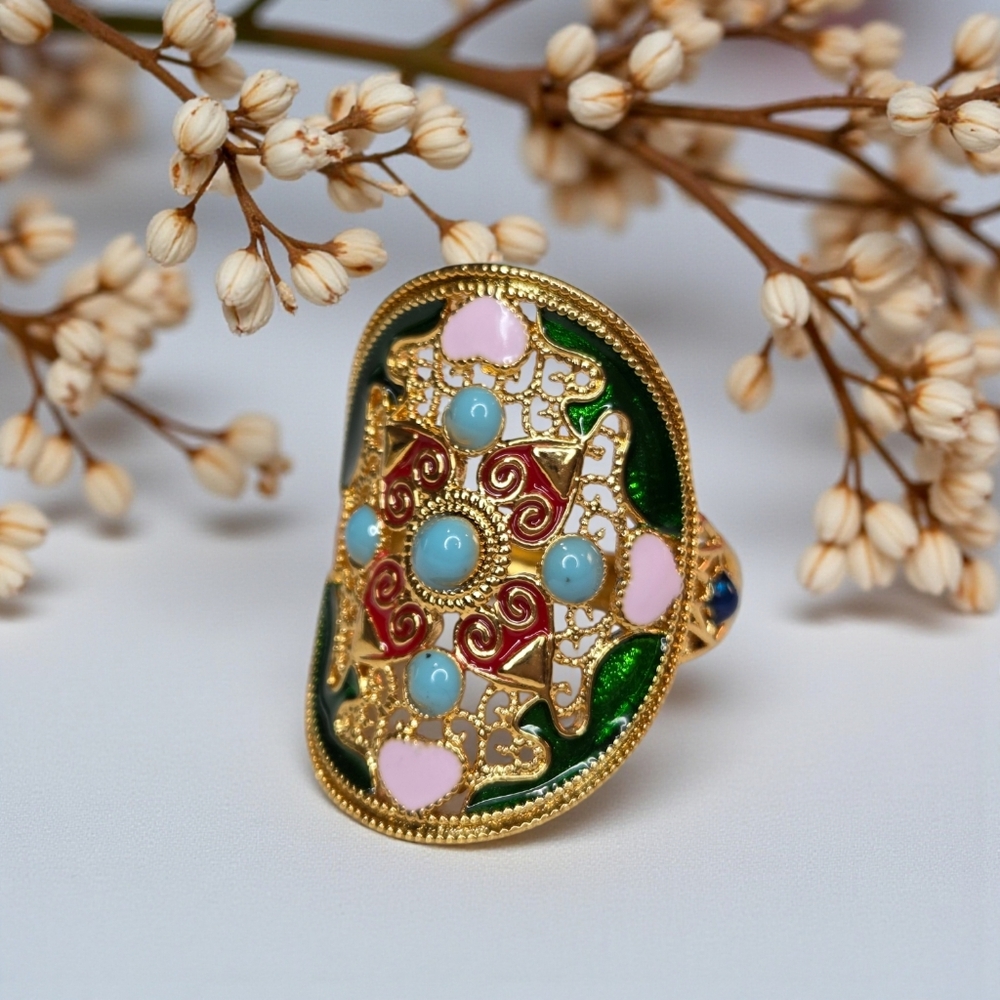 18k Gold Plated Etruscan Enamel Heart Cross Filigree Turquoise Cabochon Ring